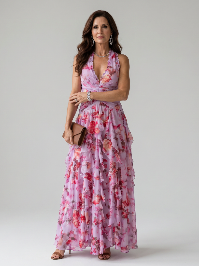 Women's Floral Halter Neck Ruched Bodice Maxi Dress