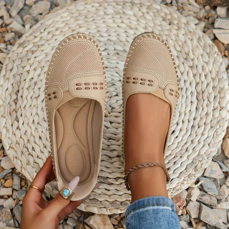 Women's Laser-Cut Leather Slip-On Flats - Breathable Style