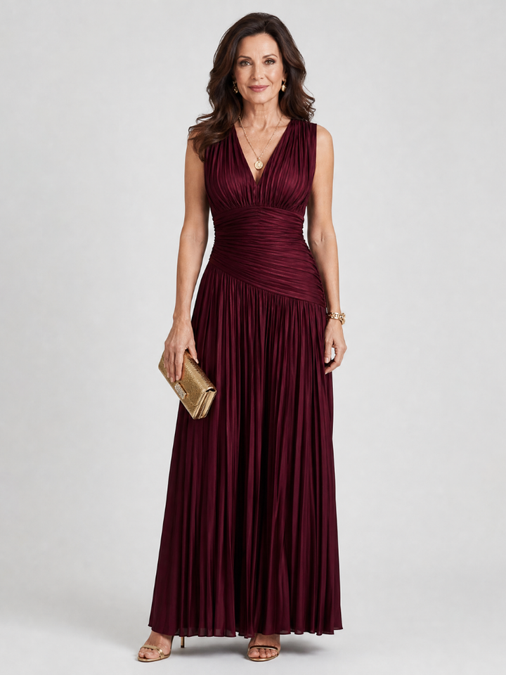 Women's Sleeveless Pleated V Neck Midi Dress - Perfect for