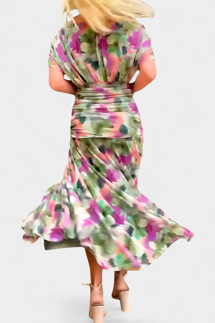 Women's Fantasy Floral Print V-Neck Dress - Elegant & Flowing