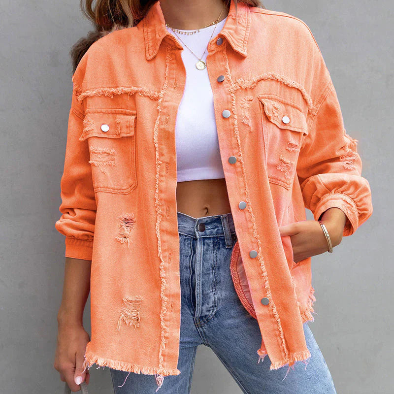 Women's Frayed Denim Jacket – Relaxed Distressed Cotton