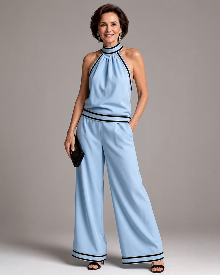 Women's Contrast Trim Halter Neck Wide Leg Jumpsuit - Warm Weather