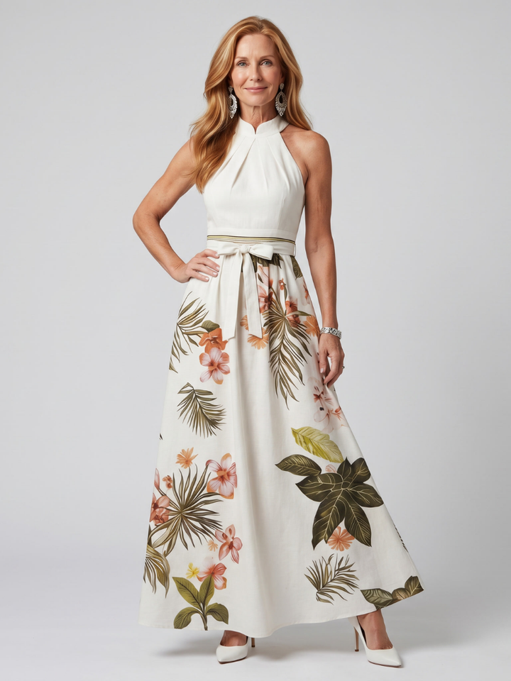 Women's Botanical Draped Halter Maxi Dress - Effortless Elegance