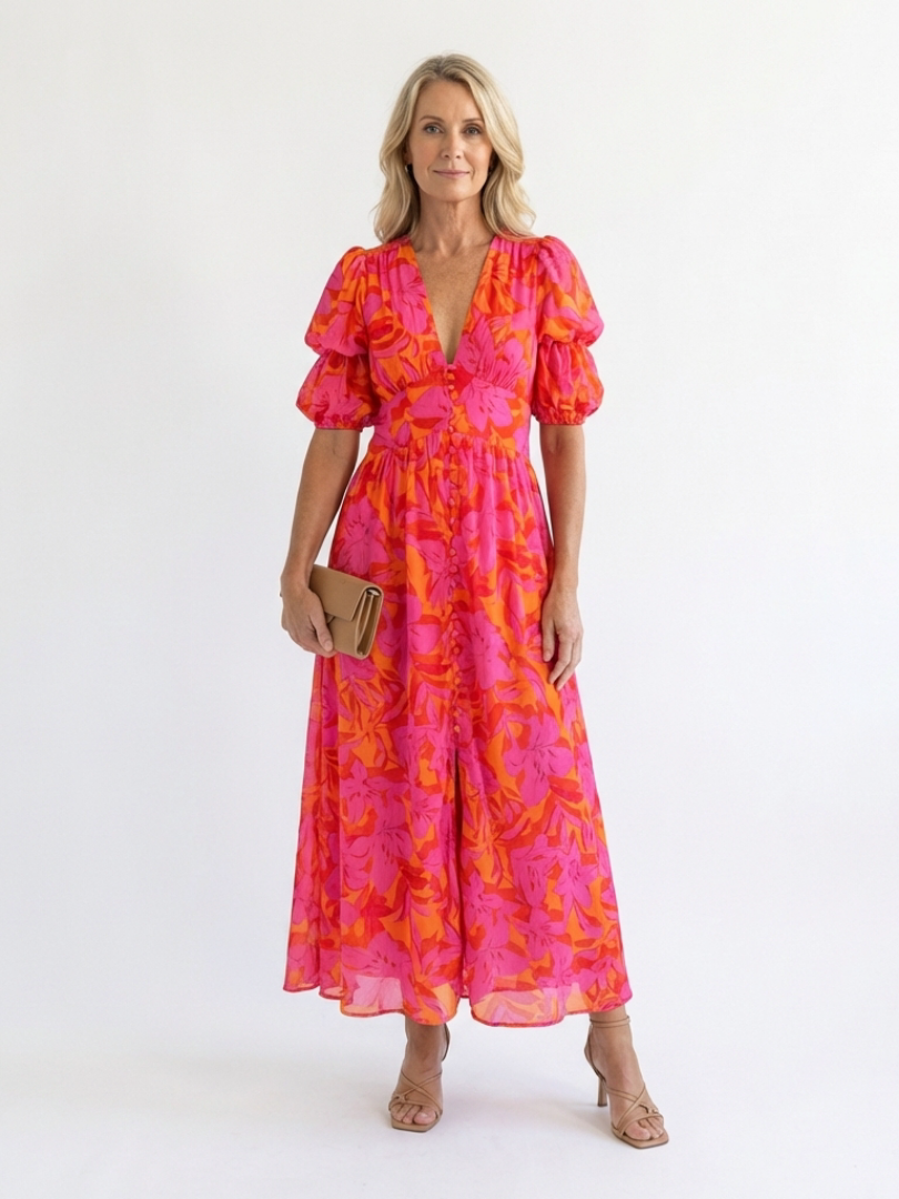 Women's Floral V-Neck Puff Sleeve Midi Dress - Warm Weather Essential