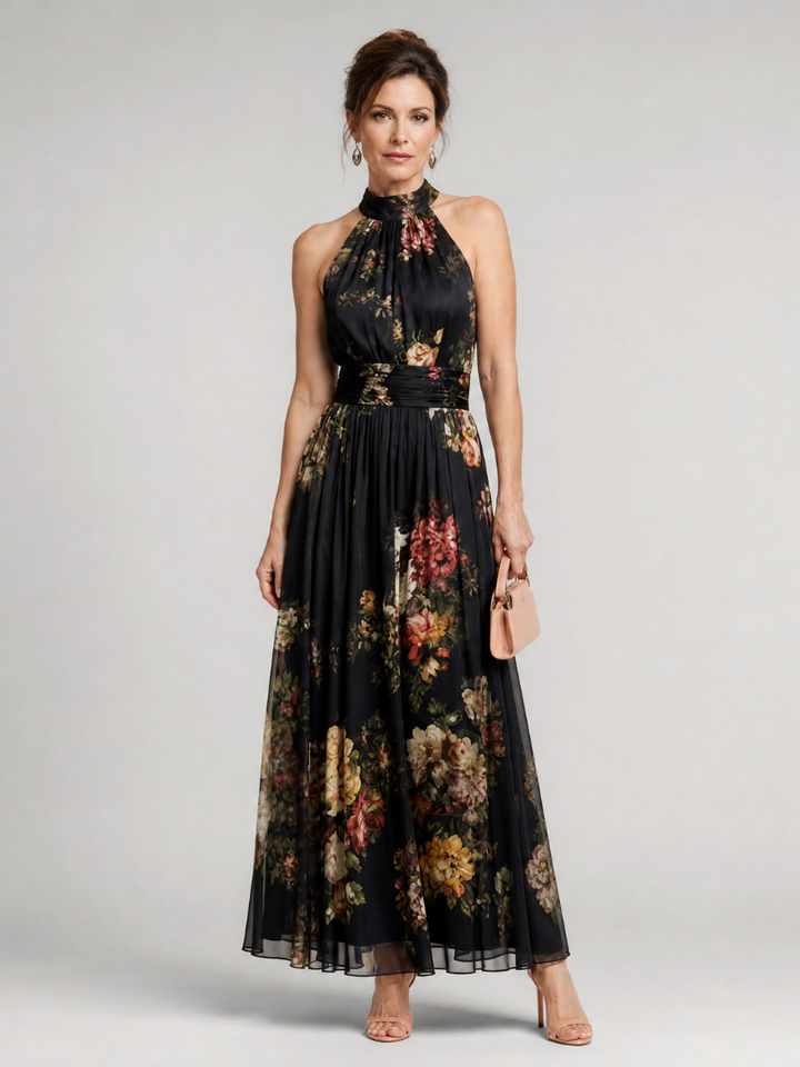 Women's Floral Halter Neck Midi Dress - Effortless Warm-Weather