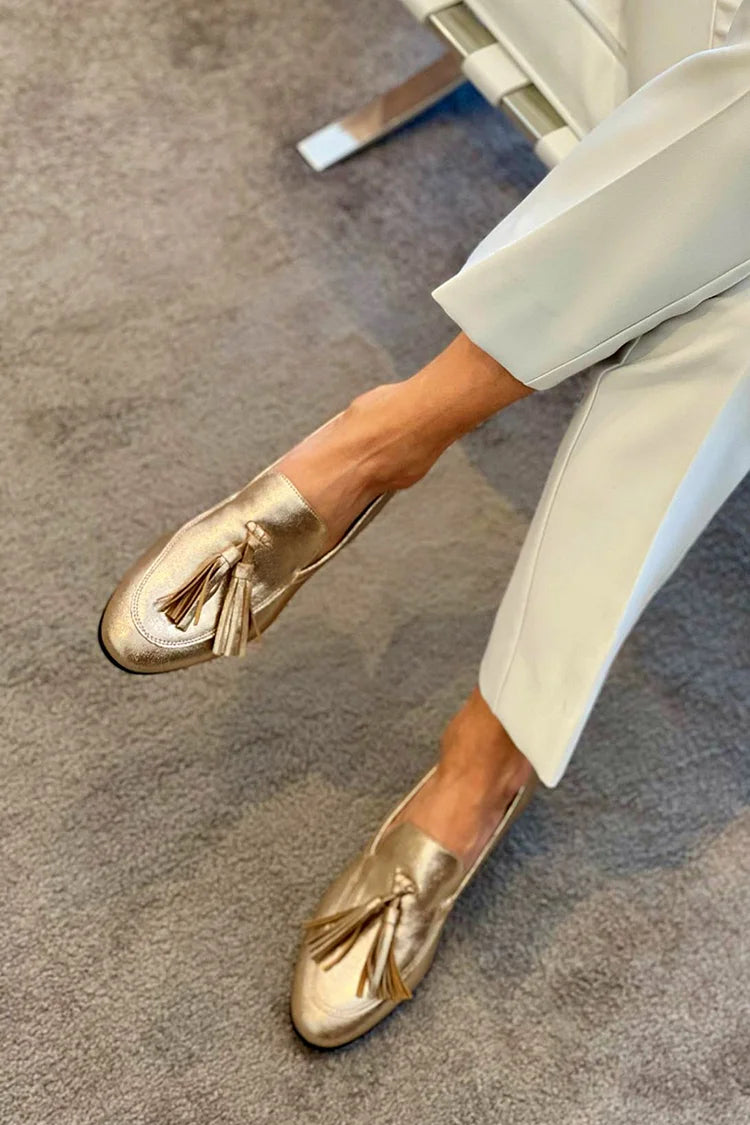 Women's Gold Tassel Moccasin Flats - Luminous Elegance
