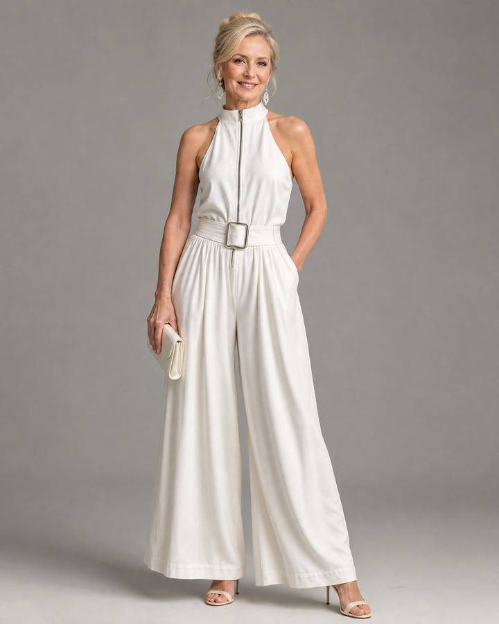 Women's Belted High Neck Wide Leg Jumpsuit - Effortless Evening Style