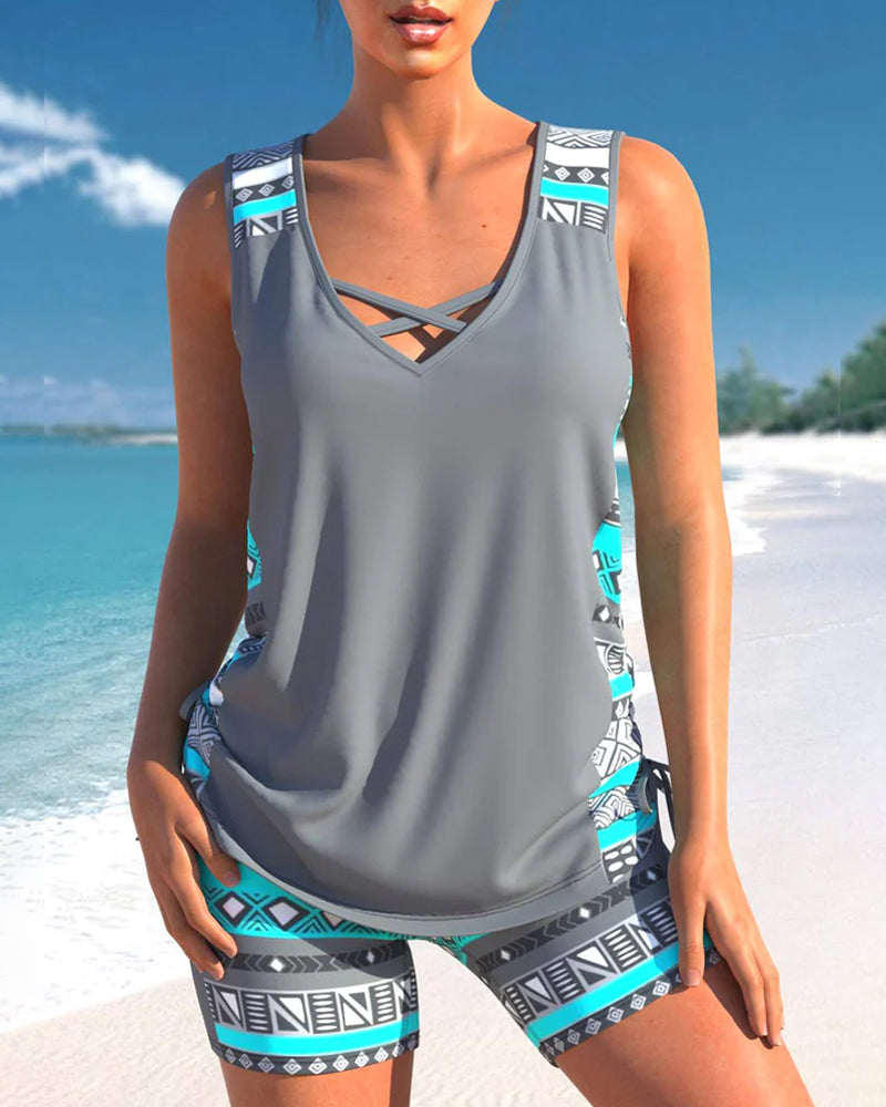 Women's Geometric Print V-Neck Tankini - Chic Beach Essential