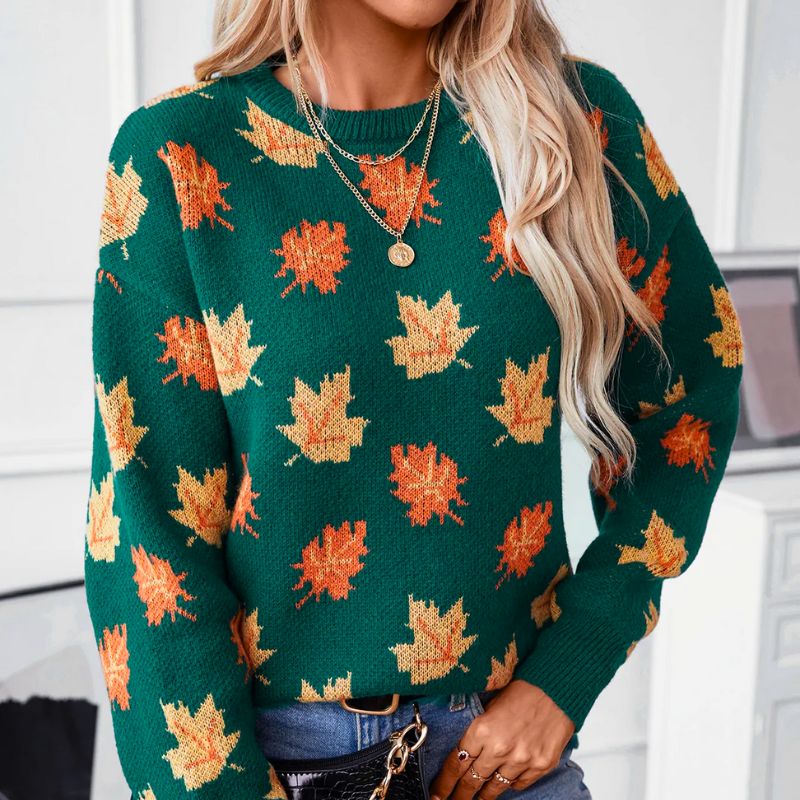 Women's Knitted Autumn Jumper – Maple Leaf Crew Neck Sweater