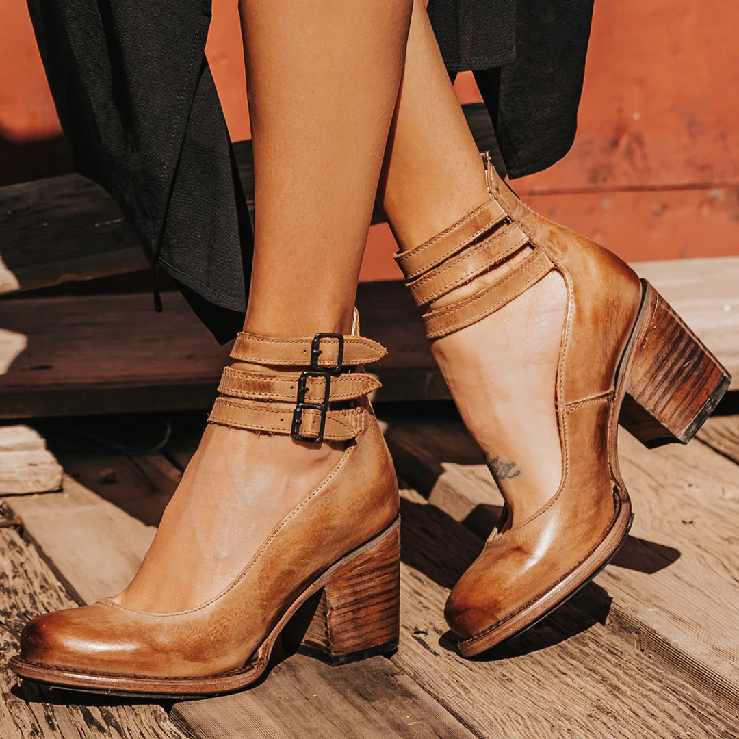 Women's Vintage Buckle-Strap Block Heels - Retro Charm & Comfort