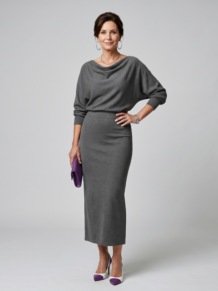 Women's Romy Draped Neckline Fitted Midi Dress - Classic Silhouette
