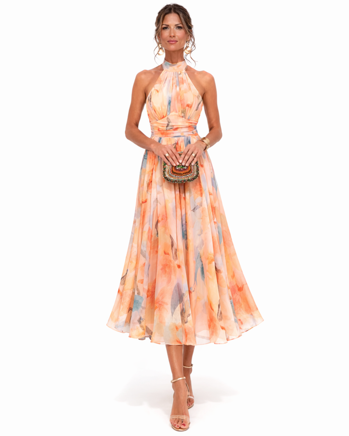Women's Halter Neck Midi Dress with Watercolor Print