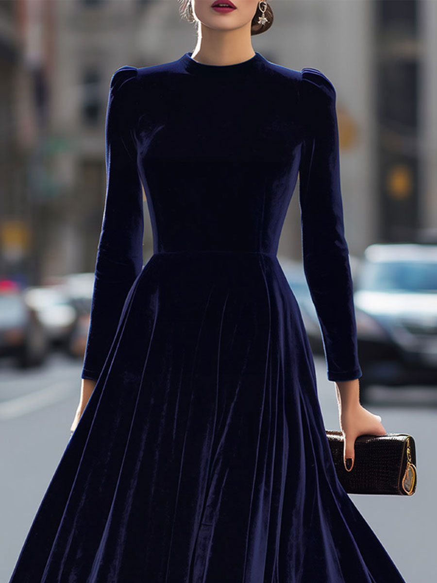 Women's Navy Blue Velvet Long-Sleeve Midi Dress - Evening Elegance