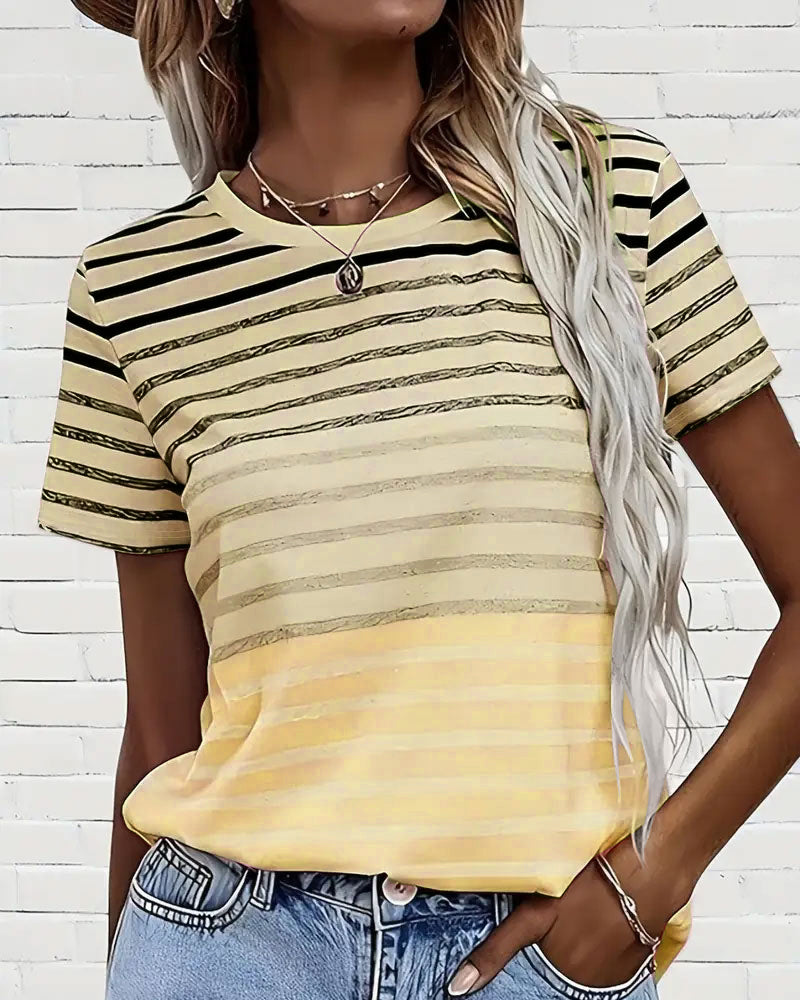 Women's Striped Round Neck Short Sleeve Tee - Effortless Style