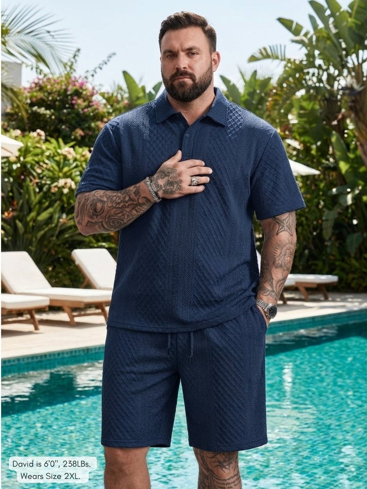 Men's Textured Knit Polo & Shorts Set – Smart Casual Summer Co-Ord