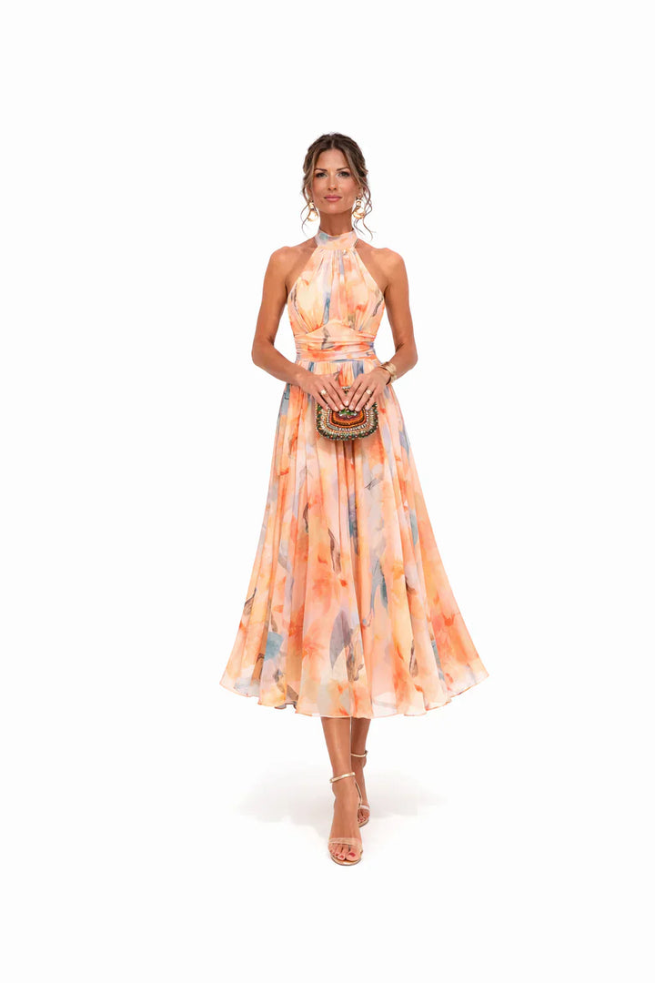 Women's Watercolor Halter Neck Dress - Effortless Summer Elegance