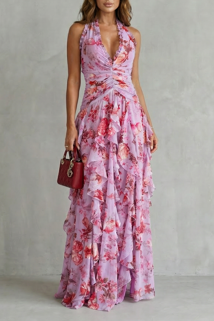 Women's Floral Halter Maxi Dress - Romantic & Elegant