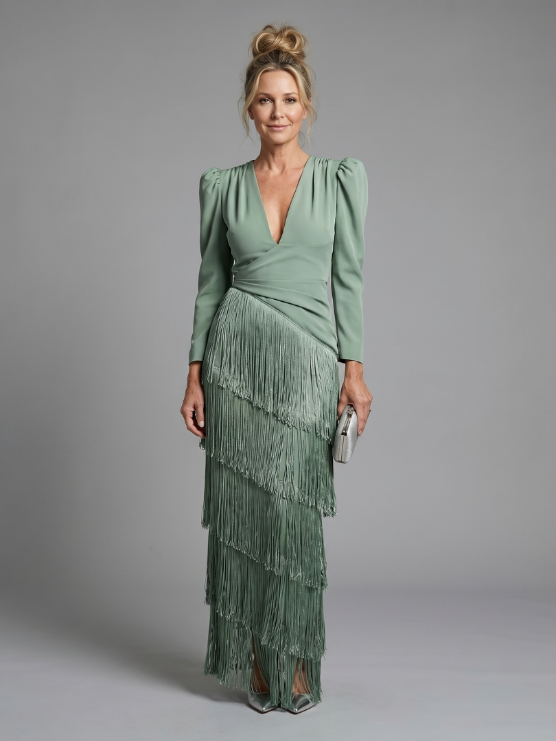 Women's Long Sleeve Fringe Midi Dress - Effortless Elegance