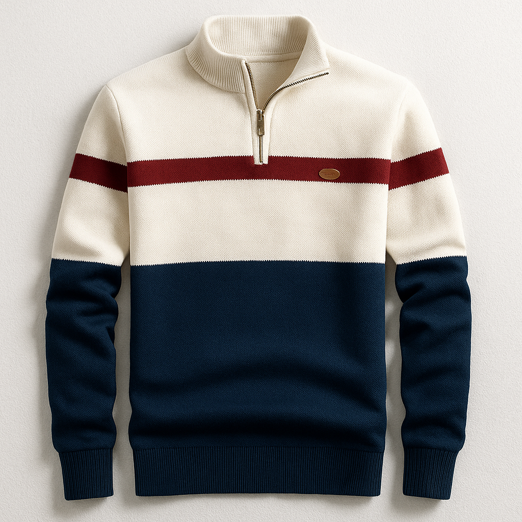Men's Quarter-Zip Pullover – Colour-Block Cotton Jumper