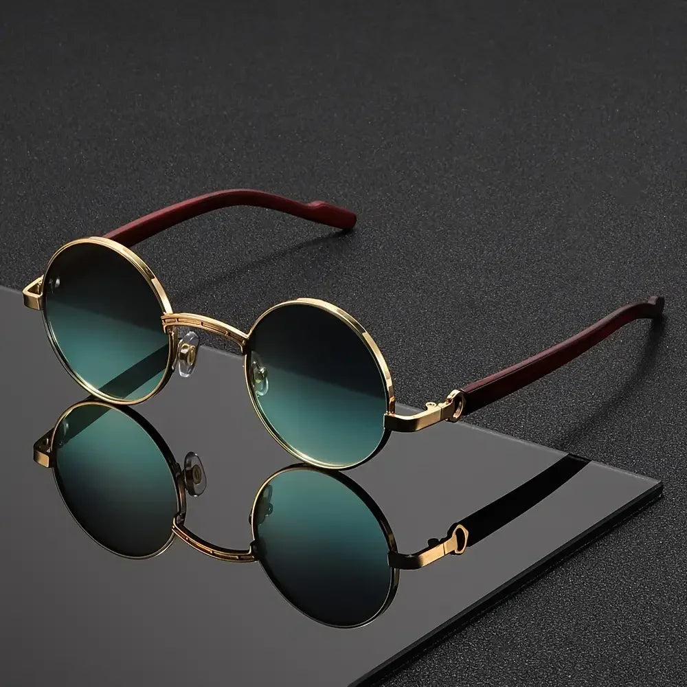 Men's Round Sunglasses - Metal Frame UV400 Wood-Grain