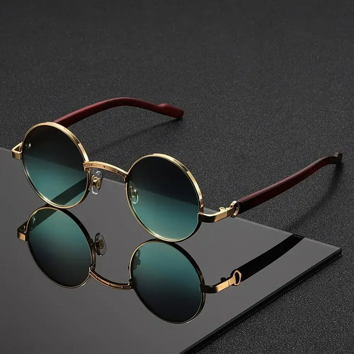 Men's Round Sunglasses - Metal Frame UV400 Wood-Grain