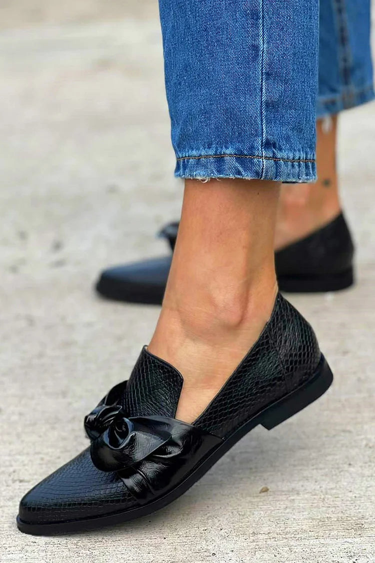 Women's Black Loafer with Shiny Bow - Elegant Everyday Shoe