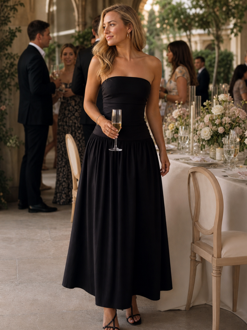 Women's Strapless Ruched Bodice Midi Dress - Effortless Elegance