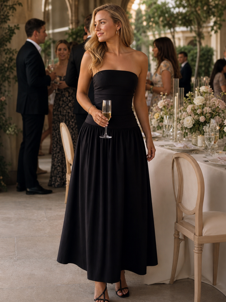 Women's Strapless Ruched Bodice Midi Dress - Effortless Elegance
