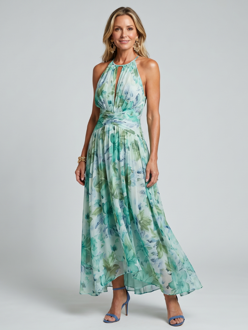 Women's Floral Pleated Halter Midi Dress - Effortless Warm-Weather