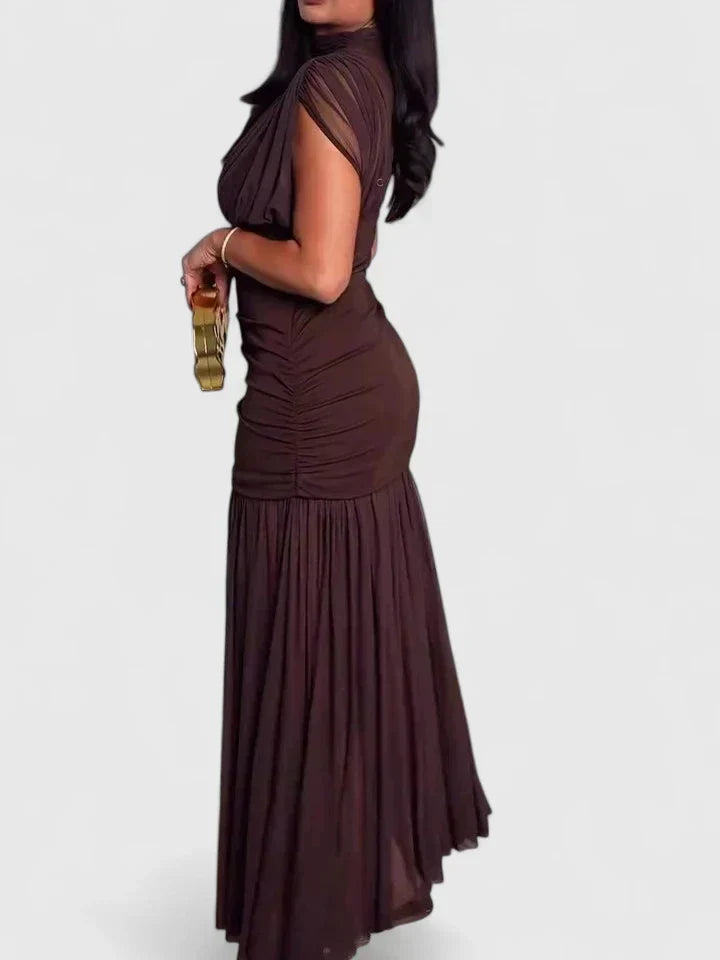 Women's Elegant Maxi Dress with High Neck & Draping - Evening Style