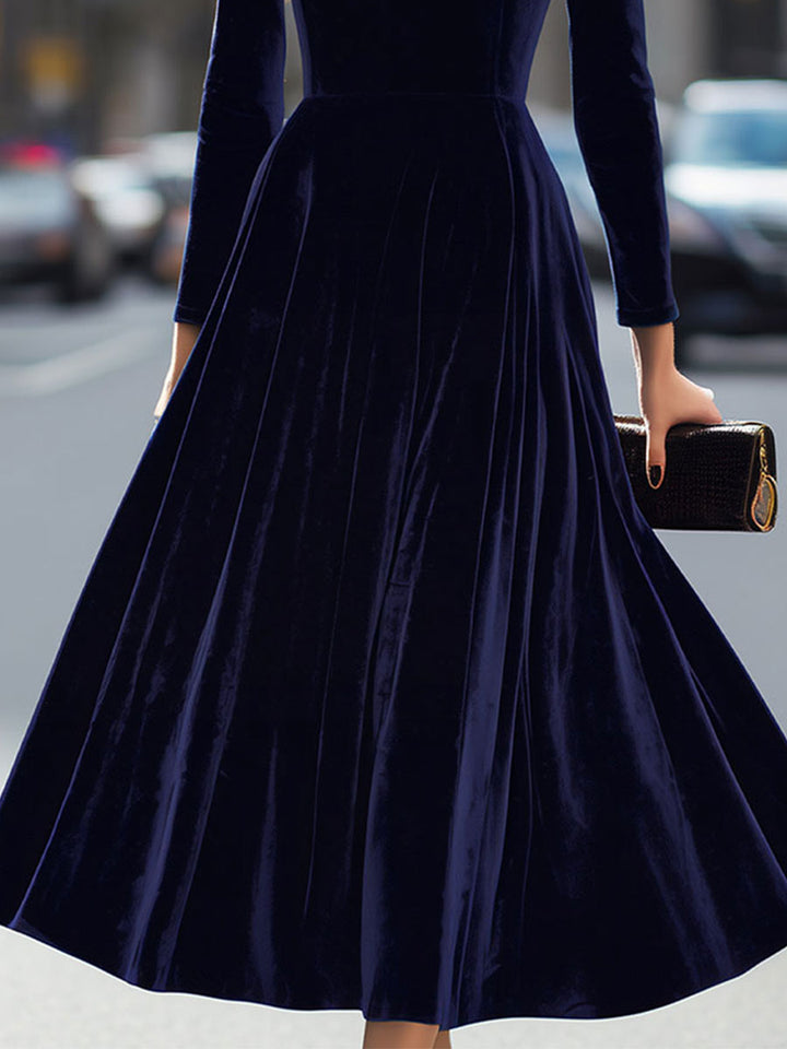 Women's Navy Blue Velvet Long-Sleeve Midi Dress - Evening Elegance