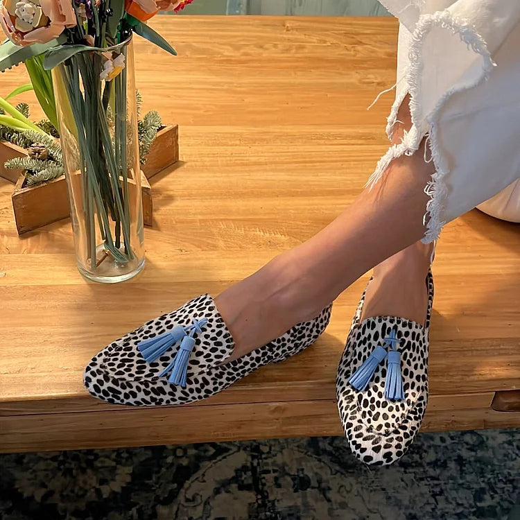 Women's Spotted Loafers with Blue Tassels - Chic Everyday Comfort