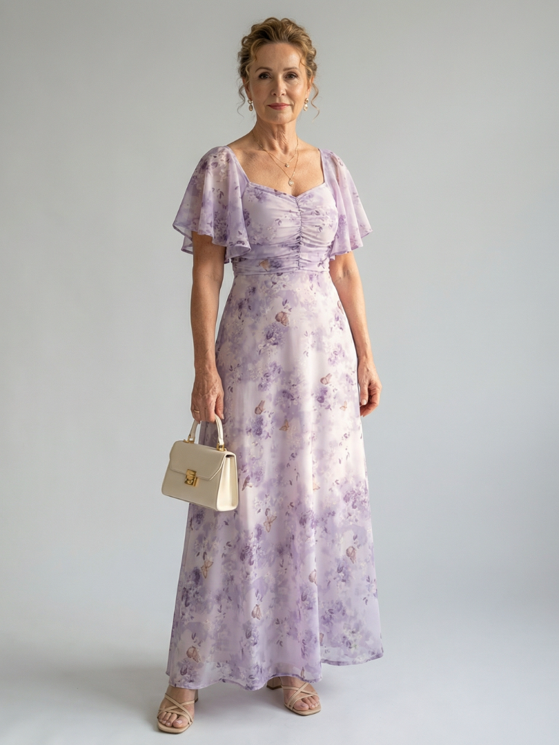 Women's Floral Flutter Sleeve Midi Dress - Effortless Everyday Style