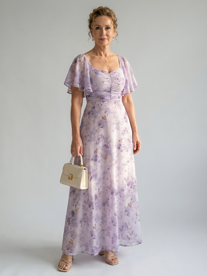 Women's Floral Flutter Sleeve Midi Dress - Effortless Everyday Style