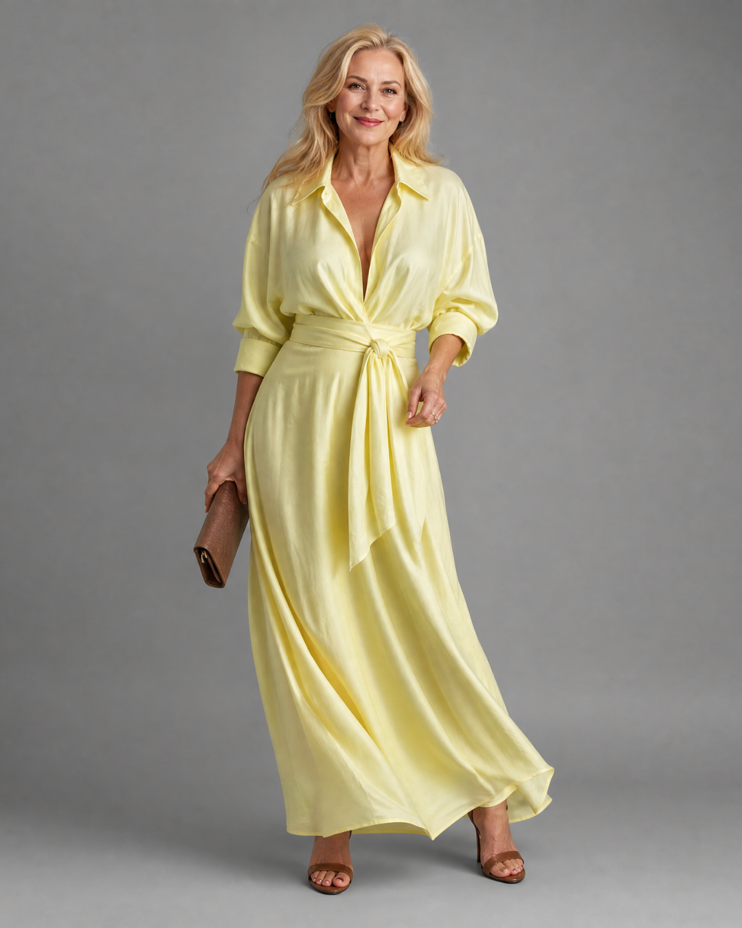 Women's Belted Collared Flowing Midi Dress - Everyday Elegance