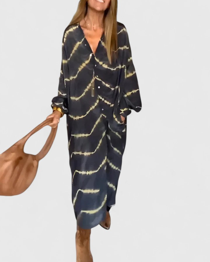 Women's Boho Striped V-Neck Maxi Dress - Effortless Elegance