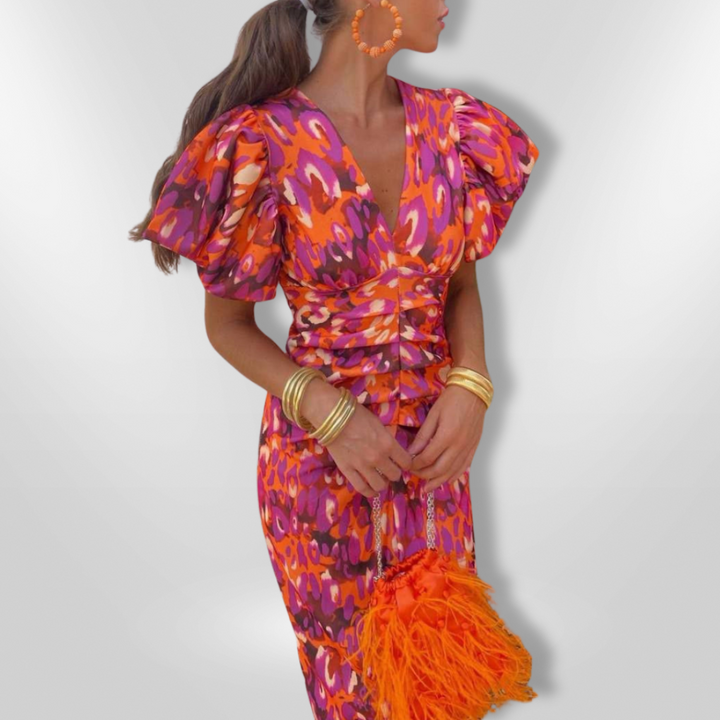 Women's Colorful Pleated Sleeve Dress - Vibrant Everyday Style