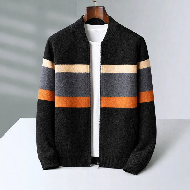 Men's Cashmere Bomber Jacket – Striped Full-Zip Knitted Layer