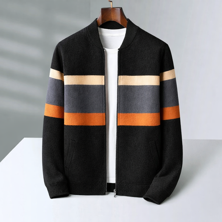 Men's Cashmere Bomber Jacket – Striped Full-Zip Knitted Layer
