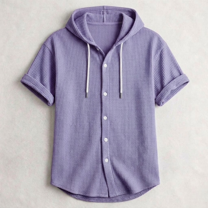 Men's Cotton Waffle Hooded Shirt – Relaxed Long-Sleeve Overshirt