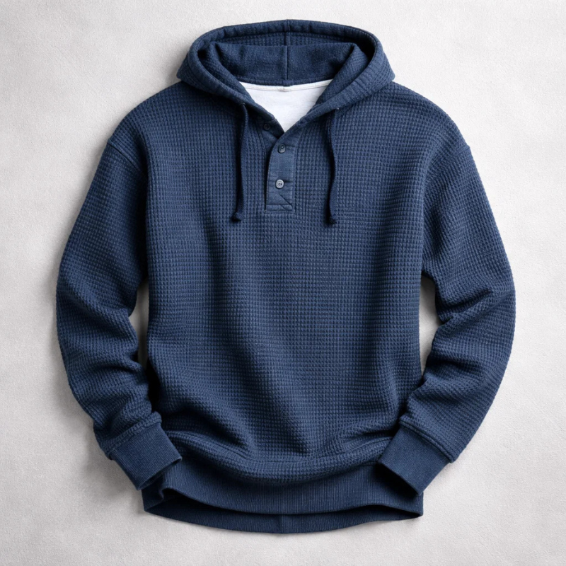 Men's Waffle-Knit Henley Hoodie – Textured Cotton Hooded Top