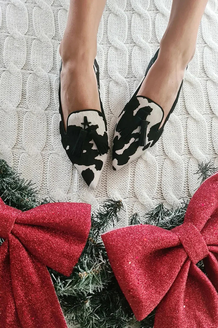 Women's Cow Print Loafers with Tassel - Western-Chic Animal Print