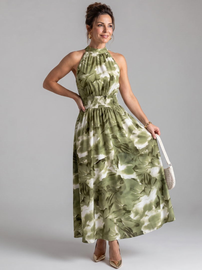 Women's Abstract Print Gathered Waist Midi Dress - Effortless Summer