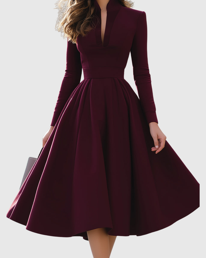 Women's Deep Wine V-Neck Midi Dress - Evening Glamour