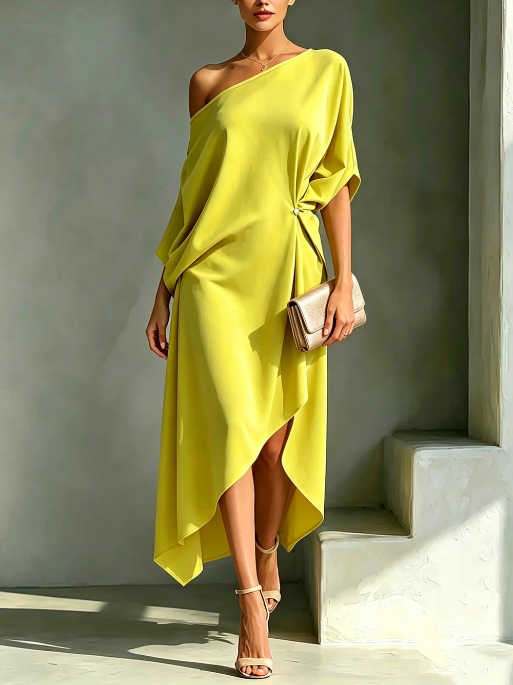 Women's Asymmetric One-Shoulder Midi Dress – Elegant Occasionwear