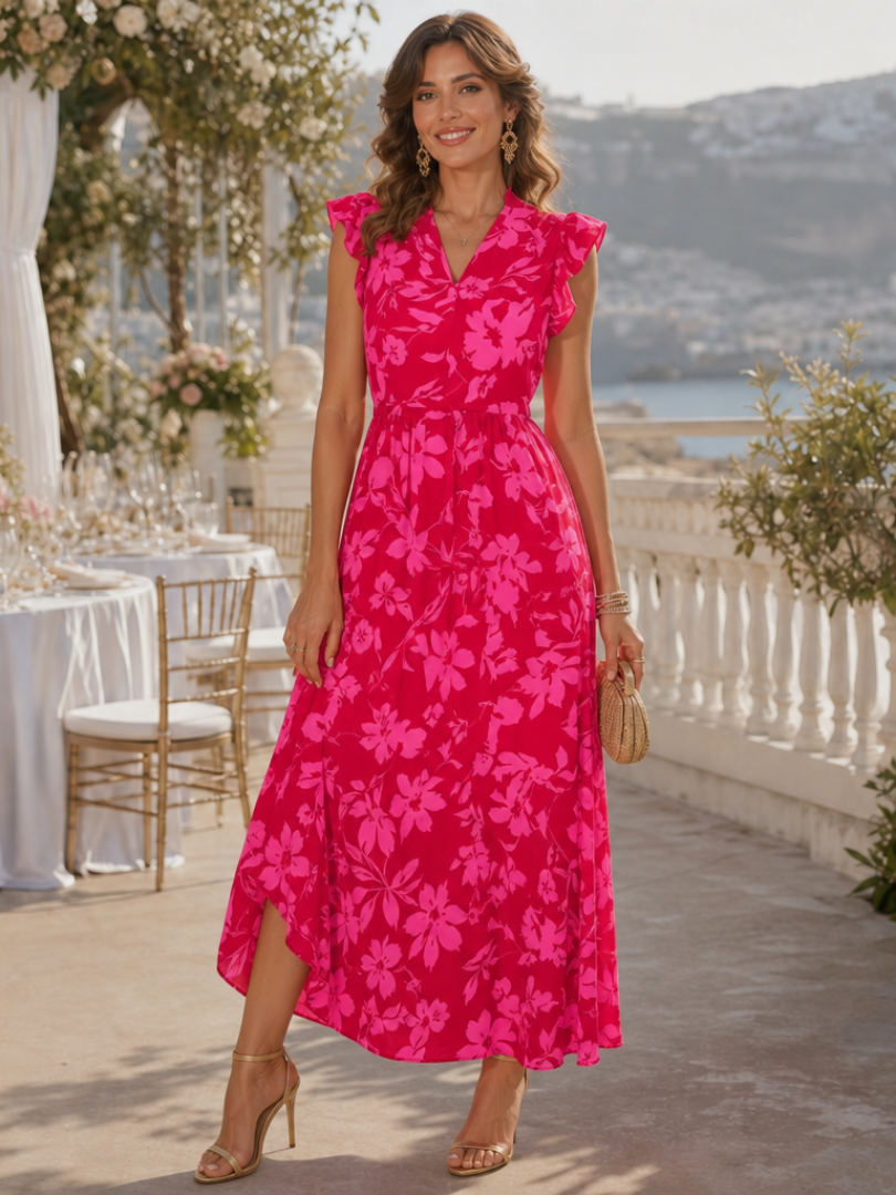 Women's Sleeveless V Neck Ruffle Trim Midi Dress - Floral &