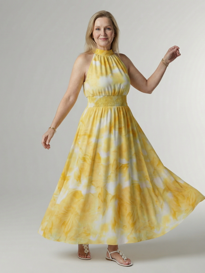 Women's Gathered Halter Midi Dress - Effortless Everyday