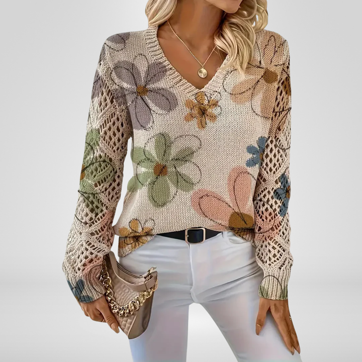 Women's Floral V-Neck Knit Sweater - Year-Round Elegance