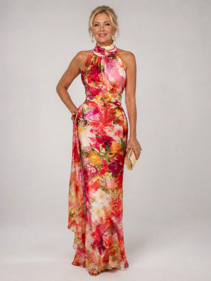 Women's Halter Neck Floral Print Maxi Dress - Elegant Silhouette