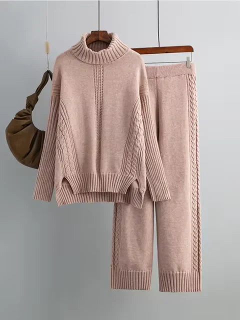 Women's Turtleneck Knit Sweater and Loose Pants Set - Cozy Casual